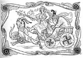 Med Loke som det spodske brudepige og vejviser ager den hammerlse, sammenbjede Tor i tsedragt til Jotunheim